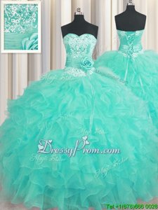 Aqua Blue Lace Up Sweetheart Beading and Ruffles and Hand Made Flower Sweet 16 Dresses Organza Sleeveless