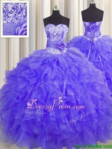 Cute Organza Sweetheart Sleeveless Lace Up Beading and Ruffles and Hand Made Flower 15 Quinceanera Dress inLavender