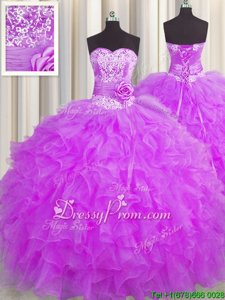 Latest Purple Lace Up Ball Gown Prom Dress Beading and Ruffles and Hand Made Flower Sleeveless Floor Length