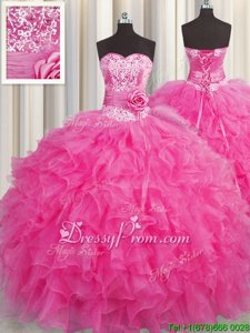 Stunning Organza Sweetheart Sleeveless Lace Up Beading and Ruffles and Pick Ups 15th Birthday Dress inHot Pink