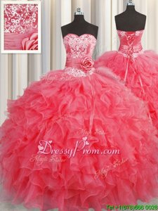 Ruffles and Hand Made Flower 15 Quinceanera Dress Coral Red Lace Up Sleeveless Floor Length