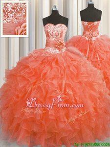 Fashionable Orange Red Ball Gowns Sweetheart Sleeveless Organza Floor Length Lace Up Beading and Ruffles and Hand Made Flower 15 Quinceanera Dress