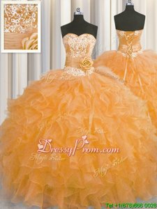 Orange Sleeveless Organza Lace Up 15th Birthday Dress forMilitary Ball and Sweet 16 and Quinceanera
