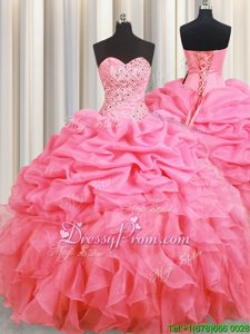 Stylish Rose Pink Organza Lace Up Ball Gown Prom Dress Sleeveless Floor Length Beading and Ruffles and Pick Ups