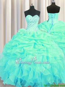 Great Turquoise Sleeveless Floor Length Beading and Ruffles and Pick Ups Lace Up Vestidos de Quinceanera