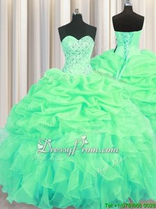 Enchanting Floor Length Lace Up 15th Birthday Dress Green and In forMilitary Ball and Sweet 16 and Quinceanera withBeading and Ruffles and Pick Ups