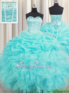 Free and Easy Baby Blue Sleeveless Beading and Ruffles and Pick Ups Floor Length 15th Birthday Dress