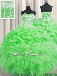 Modern Green Ball Gowns Sweetheart Sleeveless Organza Floor Length Lace Up Beading and Ruffles and Pick Ups Quinceanera Gowns
