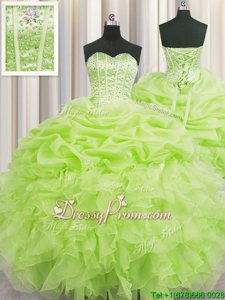 Clearance Ball Gowns Vestidos de Quinceanera Yellow Green Sweetheart Organza Sleeveless Floor Length Lace Up