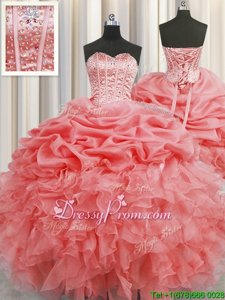Fitting Watermelon Red Ball Gowns Organza Sweetheart Sleeveless Beading and Ruffles and Pick Ups Floor Length Lace Up Quinceanera Gown
