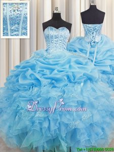 Artistic Baby Blue Ball Gowns Organza Sweetheart Sleeveless Beading and Ruffles and Pick Ups Floor Length Lace Up 15th Birthday Dress