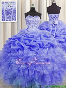 Glittering Purple Ball Gowns Beading and Ruffles and Pick Ups 15th Birthday Dress Lace Up Organza Sleeveless Floor Length