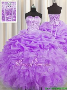 Modest Lavender Sweetheart Neckline Beading and Ruffles and Pick Ups Vestidos de Quinceanera Sleeveless Lace Up