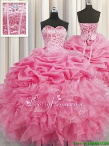 High Quality Ball Gowns Quinceanera Dress Rose Pink Sweetheart Organza Sleeveless Floor Length Lace Up