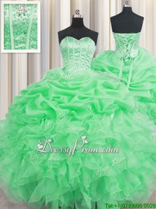 Smart Sleeveless Floor Length Beading and Ruffles and Pick Ups Lace Up Sweet 16 Dresses with Spring Green