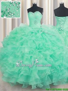 Stylish Sleeveless Floor Length Beading and Ruffles Lace Up 15th Birthday Dress with Apple Green