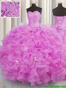 Deluxe Lilac Sleeveless Floor Length Beading and Ruffles Lace Up Quince Ball Gowns