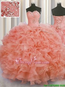 Unique Organza Sweetheart Sleeveless Lace Up Beading and Ruffles Quinceanera Gowns inWatermelon Red
