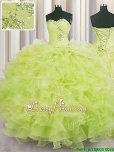 Graceful Yellow Green Sweetheart Lace Up Beading and Ruffles Quince Ball Gowns Sleeveless