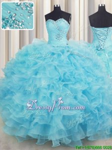 Aqua Blue Sweetheart Lace Up Beading and Ruffles Quinceanera Gowns Sleeveless