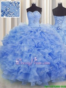 Top Selling Floor Length Lavender Quinceanera Gowns Organza Sleeveless Spring and Summer and Fall and Winter Beading and Ruffles