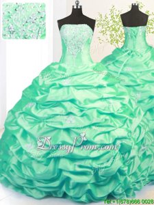 Eye-catching Turquoise Taffeta Side Zipper Strapless Sleeveless With Train Quinceanera Gown Sweep Train Beading and Pick Ups