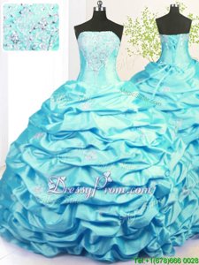 Romantic Aqua Blue Sleeveless With Train Beading and Pick Ups Lace Up Sweet 16 Quinceanera Dress