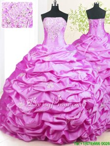 Fantastic Strapless Sleeveless 15th Birthday Dress With Train Sweep Train Beading and Pick Ups Lilac Taffeta
