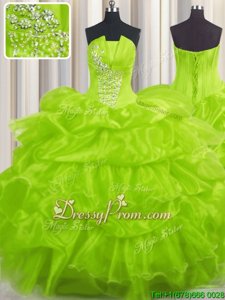 High Class Yellow Green Sleeveless Organza Lace Up Ball Gown Prom Dress forMilitary Ball and Sweet 16 and Quinceanera