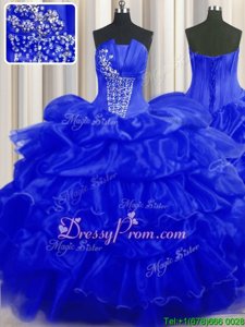 Gorgeous Royal Blue Ball Gowns Strapless Sleeveless Organza Floor Length Lace Up Beading and Ruffles and Pick Ups Sweet 16 Dresses