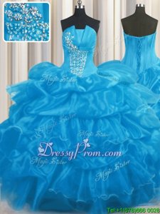 Pretty Ball Gowns Sweet 16 Dresses Baby Blue Strapless Organza Sleeveless Floor Length Lace Up