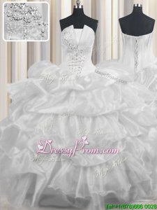 Glamorous White Lace Up Strapless Beading and Ruffled Layers and Pick Ups 15 Quinceanera Dress Organza Sleeveless