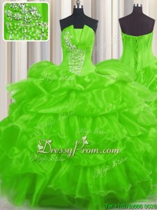 Exquisite Spring Green Vestidos de Quinceanera Military Ball and Sweet 16 and Quinceanera and For withBeading and Ruffled Layers and Pick Ups Strapless Sleeveless Lace Up