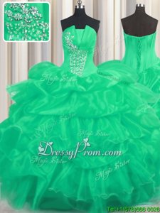 Excellent Turquoise Organza Lace Up Strapless Sleeveless Floor Length Sweet 16 Dresses Beading and Ruffled Layers and Pick Ups