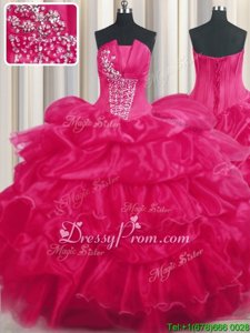 Shining Floor Length Lace Up Quinceanera Dresses Hot Pink and In forMilitary Ball and Sweet 16 and Quinceanera withBeading and Ruffled Layers and Pick Ups