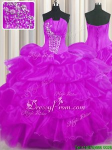 Designer Strapless Sleeveless Sweet 16 Quinceanera Dress Floor Length Beading and Ruffled Layers and Pick Ups Purple Organza