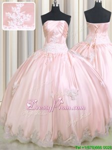 Glamorous Baby Pink Lace Up Strapless Beading and Appliques Ball Gown Prom Dress Taffeta Sleeveless