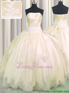 Fancy Champagne Lace Up Strapless Beading and Appliques Quinceanera Gowns Taffeta Sleeveless