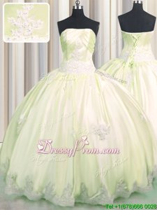 Flare Sleeveless Floor Length Beading and Appliques Lace Up Sweet 16 Quinceanera Dress with Light Yellow