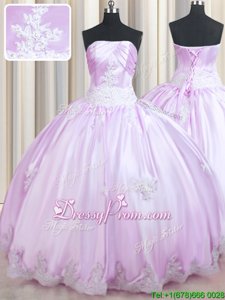 Super Floor Length Lilac Quince Ball Gowns Strapless Sleeveless Lace Up