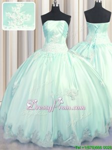 Floor Length Lace Up Quinceanera Gowns Apple Green and Light Blue and In forMilitary Ball and Sweet 16 and Quinceanera withBeading and Appliques