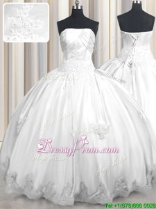Charming Sleeveless Taffeta Floor Length Lace Up Quinceanera Dresses inWhite forSpring and Summer and Fall and Winter withBeading and Appliques