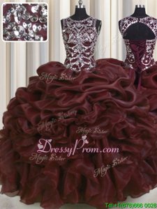 Noble Beading and Pick Ups Ball Gown Prom Dress Burgundy Lace Up Sleeveless Floor Length