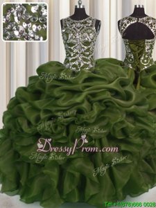 Olive Green Scoop Neckline Beading and Pick Ups Sweet 16 Quinceanera Dress Sleeveless Lace Up