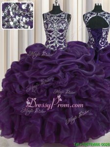 Exceptional Eggplant Purple Lace Up Scoop Beading and Pick Ups Quinceanera Gowns Organza Sleeveless