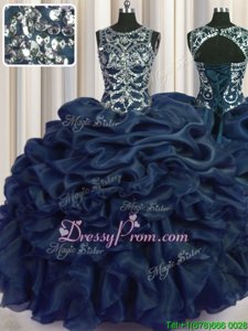 Floor Length Navy Blue Sweet 16 Dress Scoop Sleeveless Lace Up