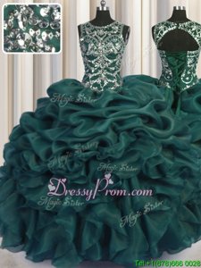 Floor Length Teal Vestidos de Quinceanera Organza Sleeveless Spring and Summer and Fall and Winter Beading and Sequins and Pick Ups