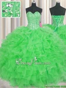 Clearance Green Ball Gowns Organza Sweetheart Sleeveless Beading and Ruffles Floor Length Lace Up Quinceanera Gowns
