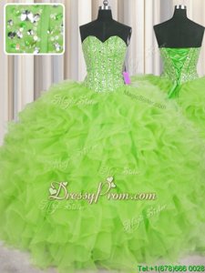 Spring Green Ball Gowns Beading and Ruffles Quince Ball Gowns Lace Up Organza Sleeveless Floor Length