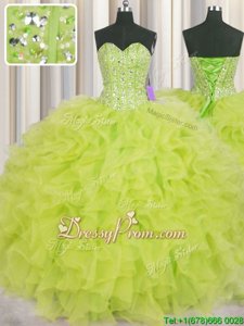 Best Selling Yellow Green Sleeveless Beading and Ruffles Floor Length 15 Quinceanera Dress